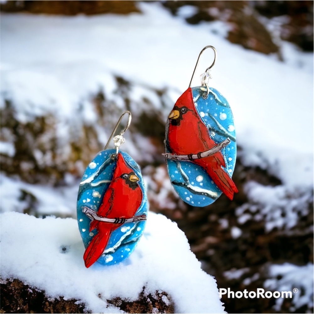 Hand-painted red cardinal earrings, 1.5” long sterling wires. OOAK birds Xmas